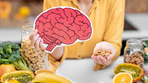 (Hình ảnh bộ não và các loại thực phẩm cung cấp năng lượng cho não)